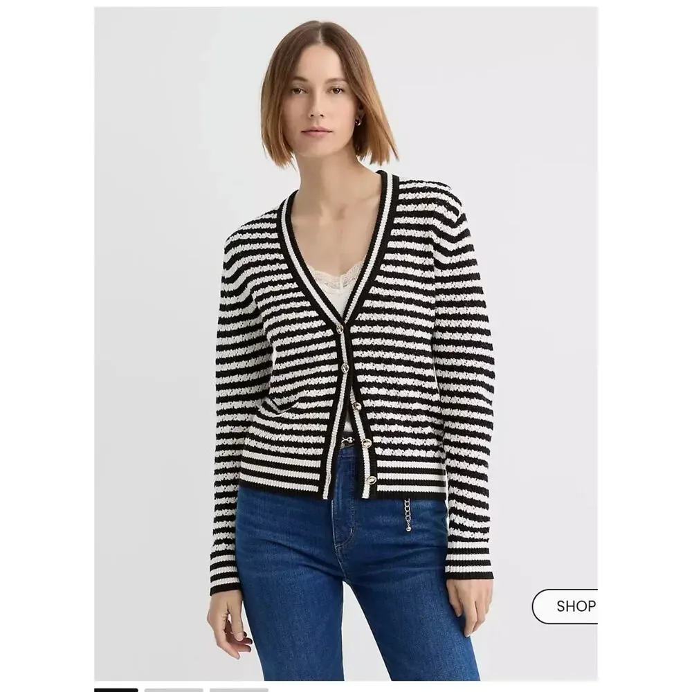 LOFT Pointelle Striped Cardigan Size XS Black White Stripe Gold Buttons Crochet